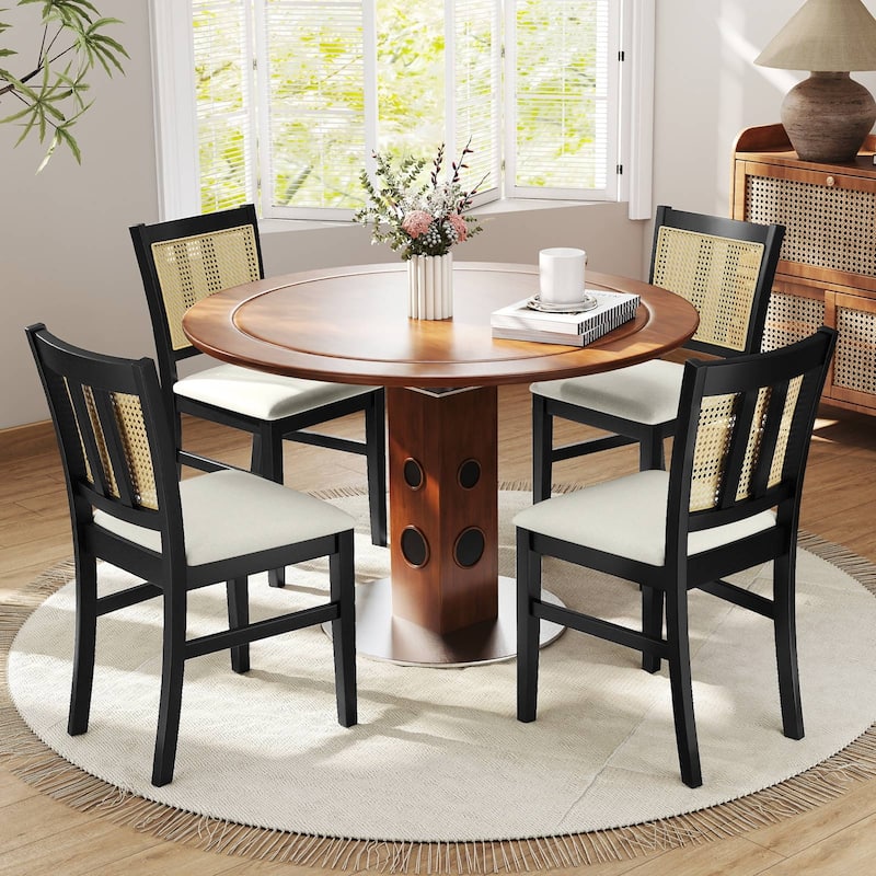 Set of 2 Upholstered Kitchen Chairs with Rattan Backrest Wooden Frame and Comfortable Seat Cushions - 17.5" x 21" x 34"