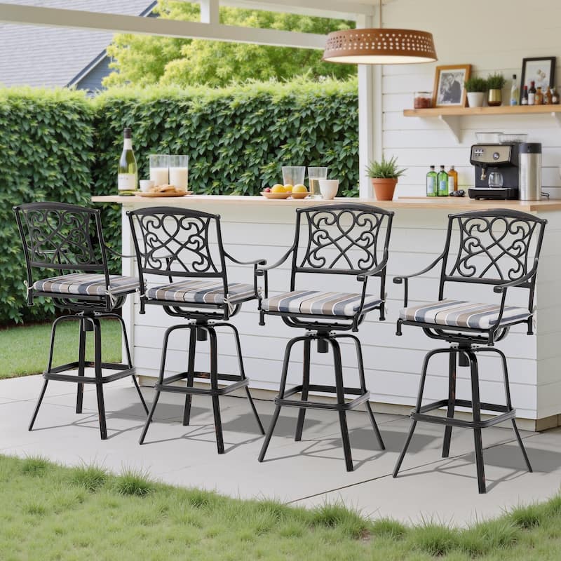 Set of 2/4 Outdoor Cast Aluminum Swivel Bar Stools with Sunbrella Fabric Cushion