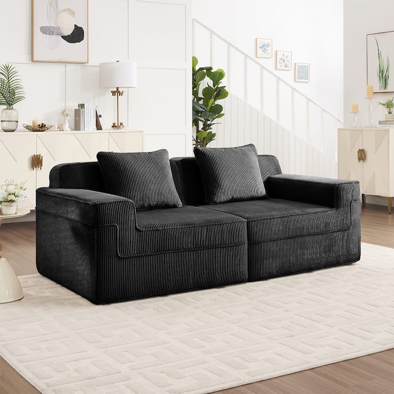 Modular 2-Seat Boneless Sofa, Modern Sectional Couch with Deep Seats, Wide Armrests, Corduroy Loveseat with Throw Pillows