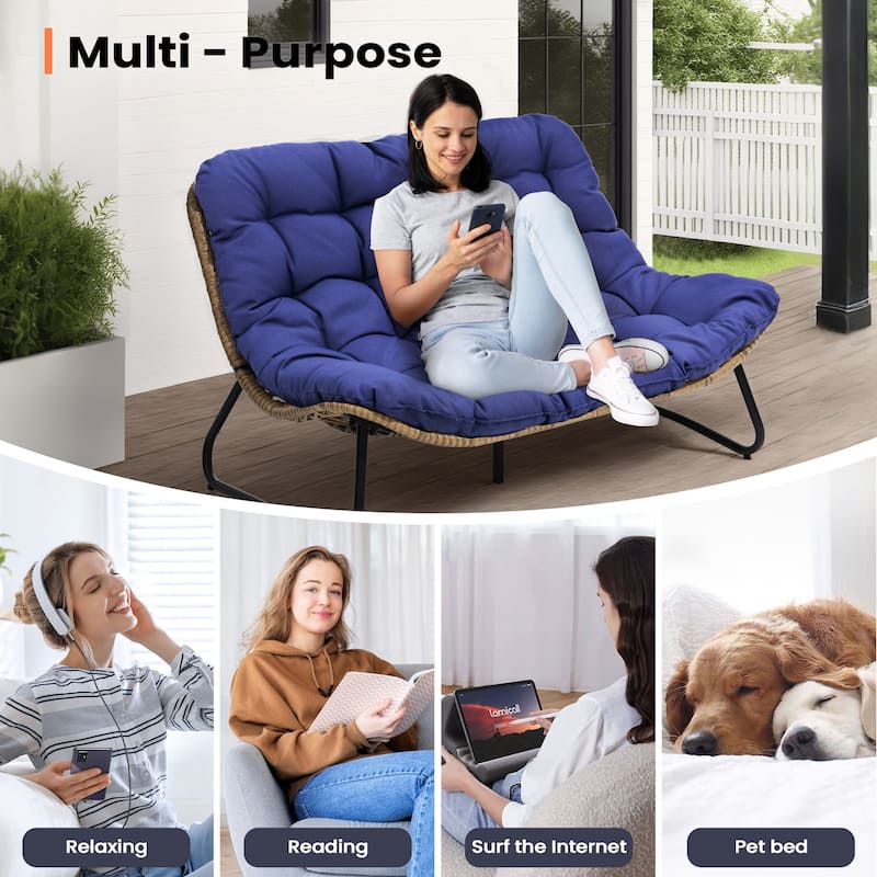 Double Papasan PE Rattan Chair Loveseat with Cushion For Indoor Outdoor