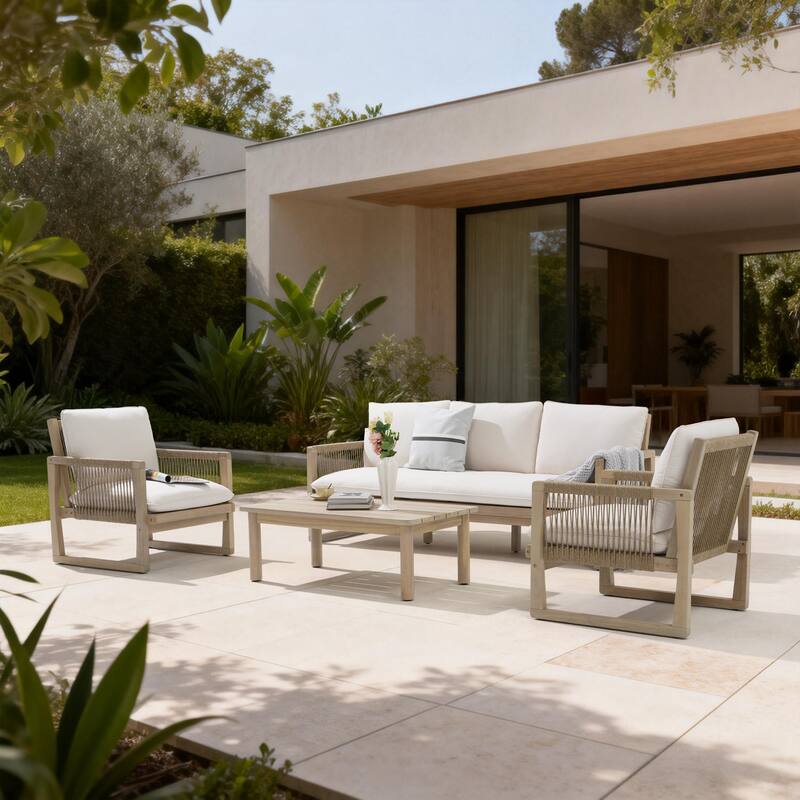 Outdoor 4-Piece Conversation Set Acacia Wood Patio 3-Seater Sofa Set Rope Weave Arm Chair with Coffee Table Weather Resistant