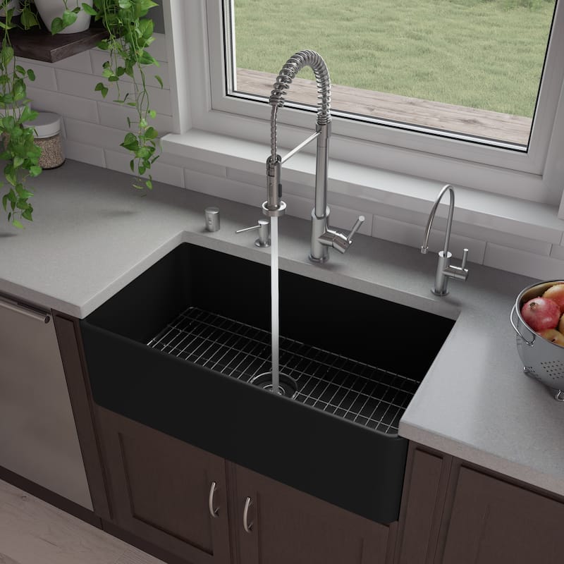 Black Matte Smooth Apron 33" x 18" Single Bowl Fireclay Farm Sink