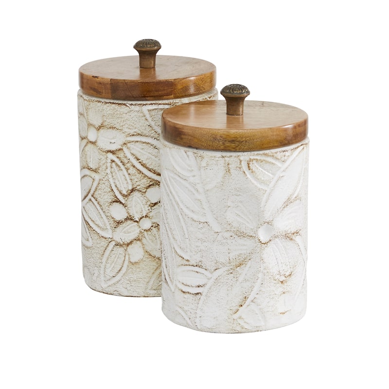 Ceramic Handmade Intricately Carved Decorative Jars with Wood Lids - Set of 2 White - Roche River Decor - 6"W x 11"L x 10"H