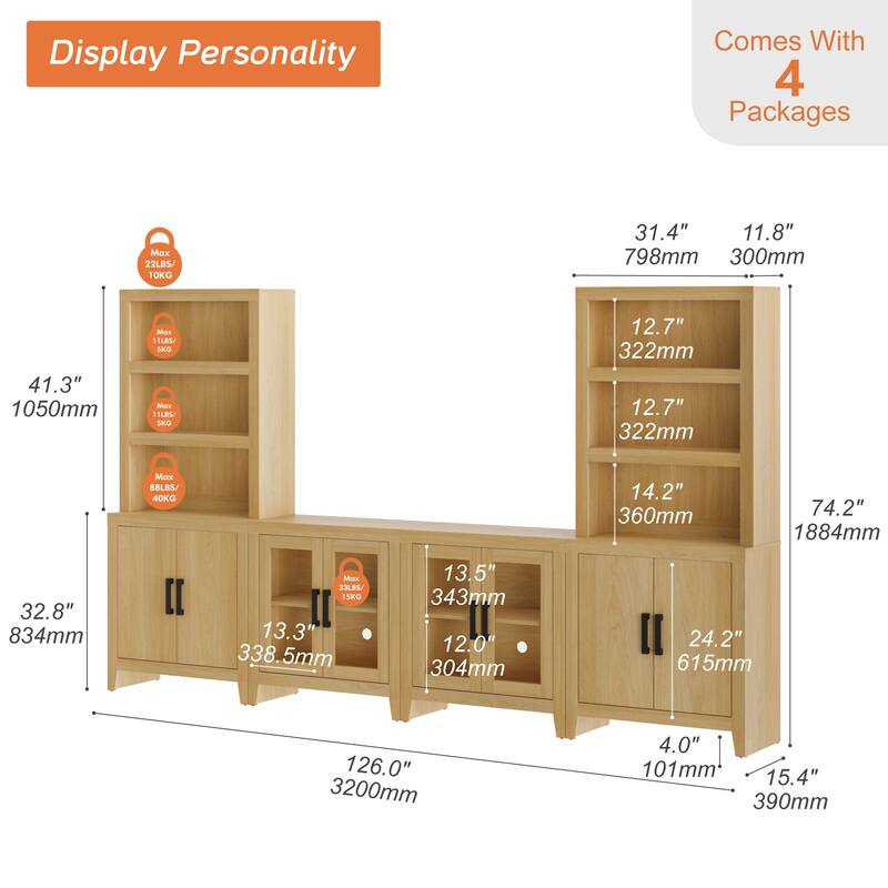 WAMPAT Large Entertainment Center with Bookshelves, Farmhouse TV Stand with Storage Cabinets & Glass Doors - Oak
