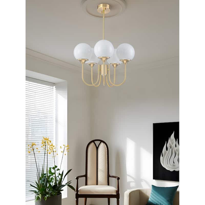 5 Light Gold Globe White Milk Glass Chandelier - 19.6 inch
