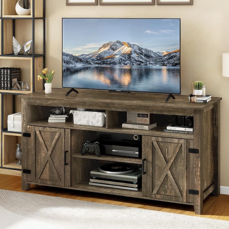 Moasis Farmhouse Highboy TV Stand for 65-Inch TV Barn Door Entertainment Center - Rustic Brown