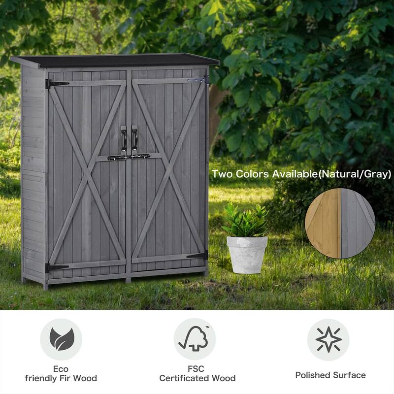 5.3ft Hx4.6ft L Wood Storage Shed Tool Organizer Storage Cabinet with Waterproof Asphalt Roof, Double Doors, 3-tier Shelves