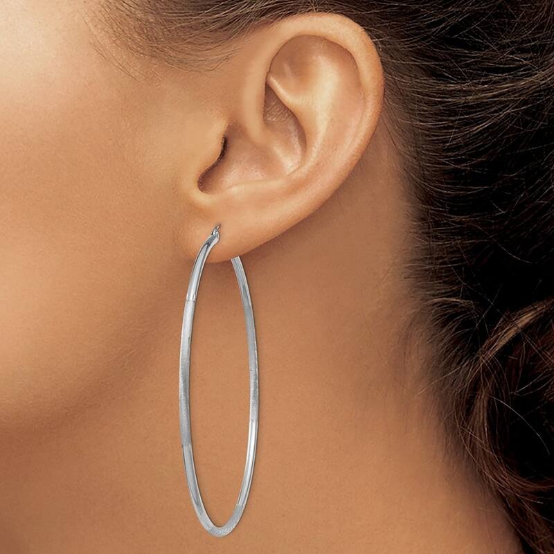 Curata 14k White Gold Satin and Sparkle Cut 60x2mm Round Hoop Earrings