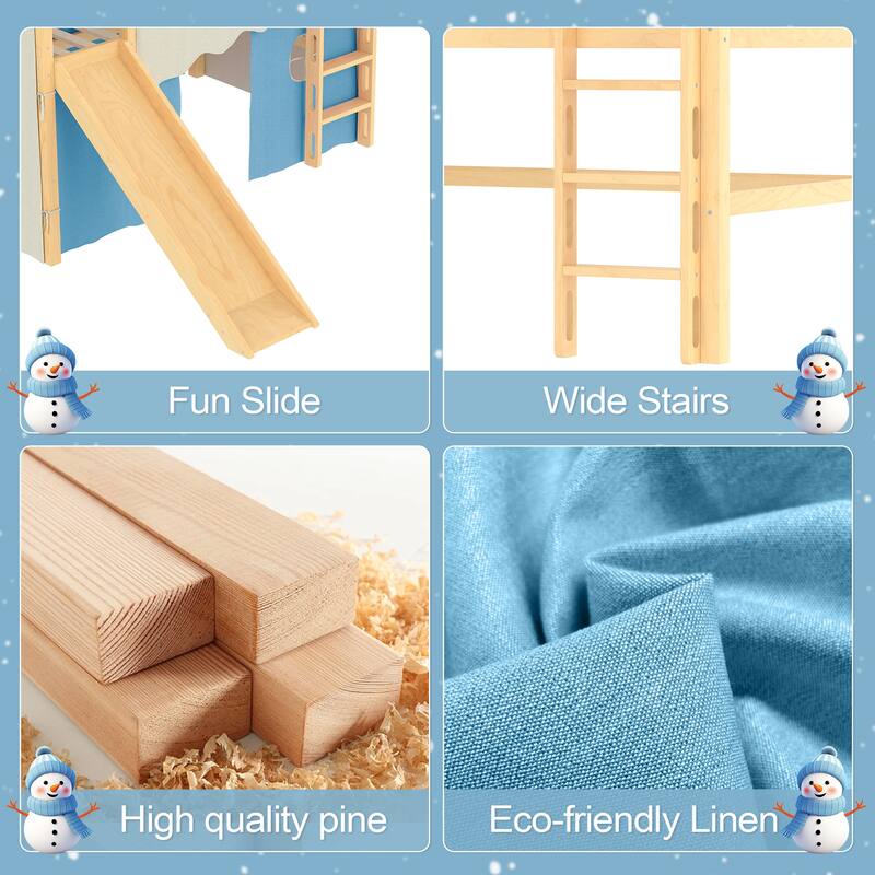 Roomfitters House Loft Bed with Slide and Tent, Solid Wood Frame with Lights