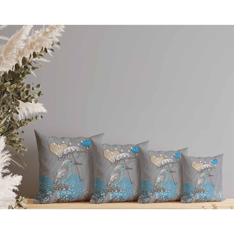 Bird with Umbrella Indoor/Outdoor Reversible Throw Pillow Gray and Blue