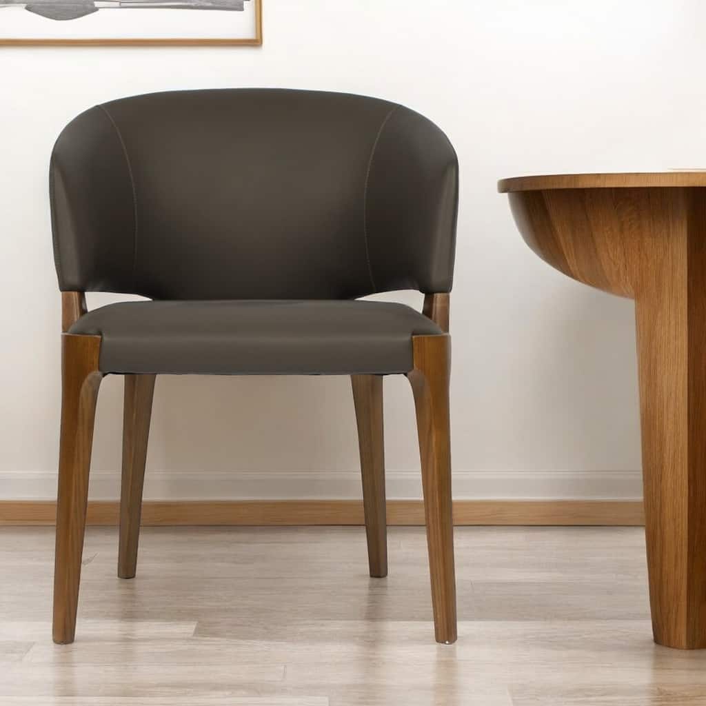 HomeRoots Dark Gray And Brown Upholstered Faux Leather Wing Back Dining Arm Chair