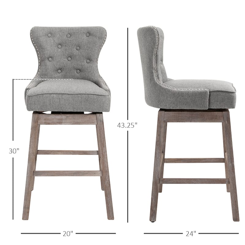 HOMCOM Upholstered Fabric Bar Height Bar Stools Set of 2, 180° Swivel Nailhead-Trim Pub Chairs, 30" Seat Height with Rubber Wood