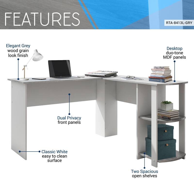 Modern L-Shaped Desk with Side Shelves, Grey