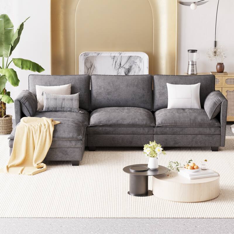 L-Shaped Sectional Sofa with Movable Ottoman, Fabric Upholstered 3 Seater Sofa, Deep Seat Sofa with Side Pockets
