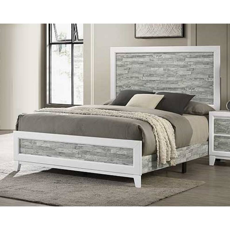 Modern Queen Panel Bed in Gray & White Finish with Tall Headboard