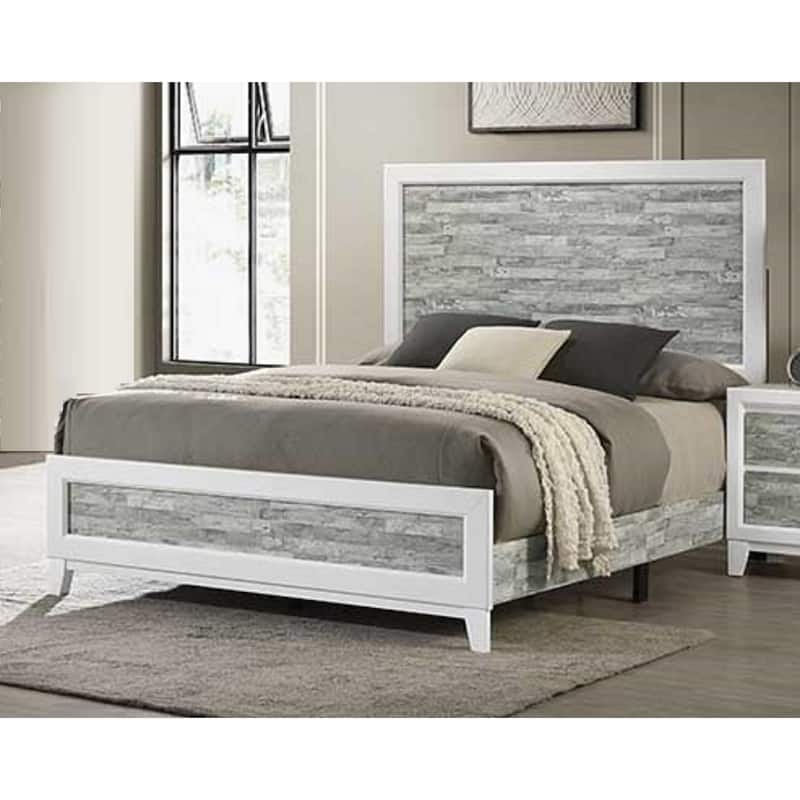 Queen Size Wooden Panel Bed with Tall Headboard and Two-Tone Finish