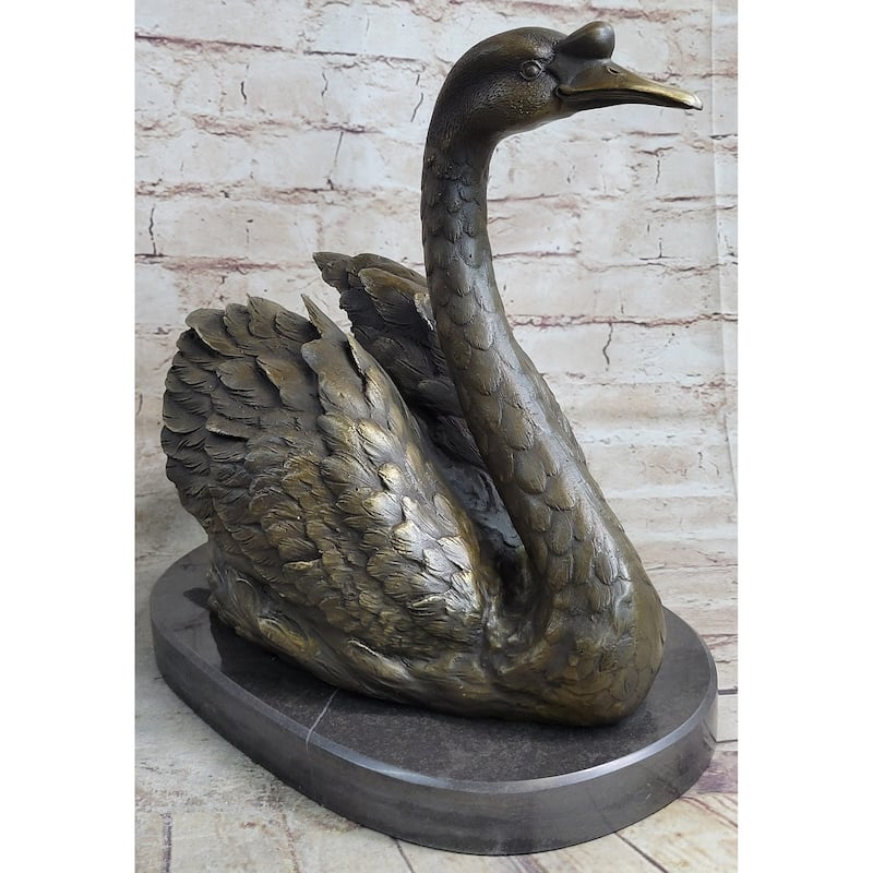 Bronze Metal Swan Bird Sculpture Statue Figure Decor On Marble Base Signed Original