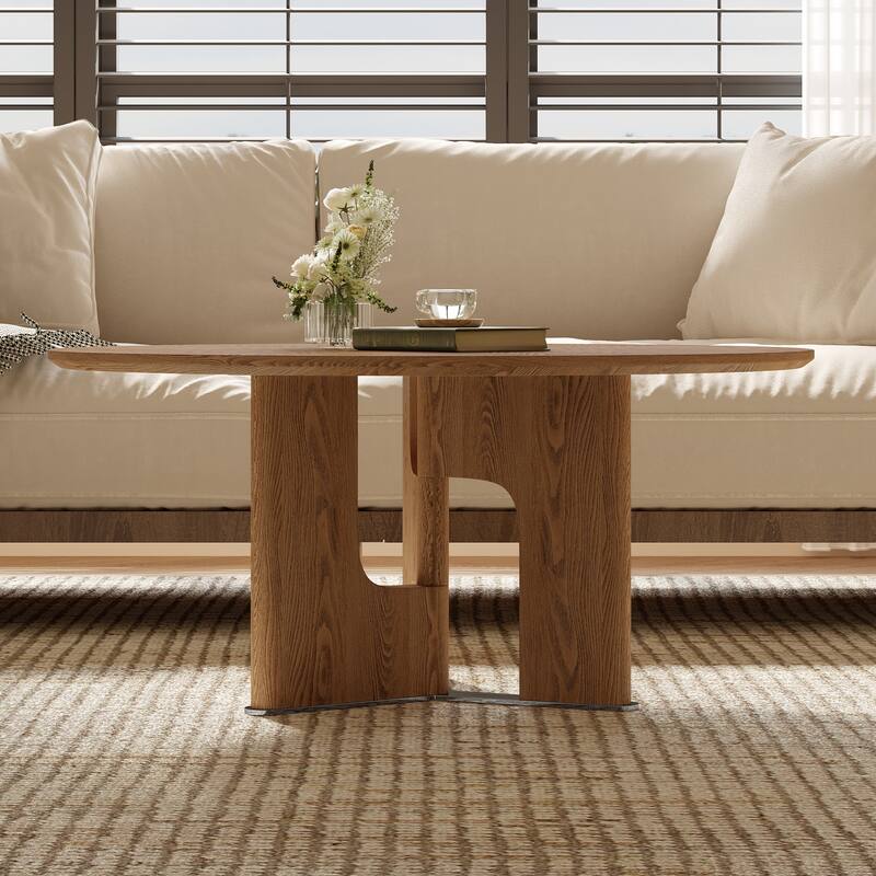 Compact Round Coffee Table Low Height Profile Center Table with Irregular Legs and Natural Ash Wood Veneer Wood Grain