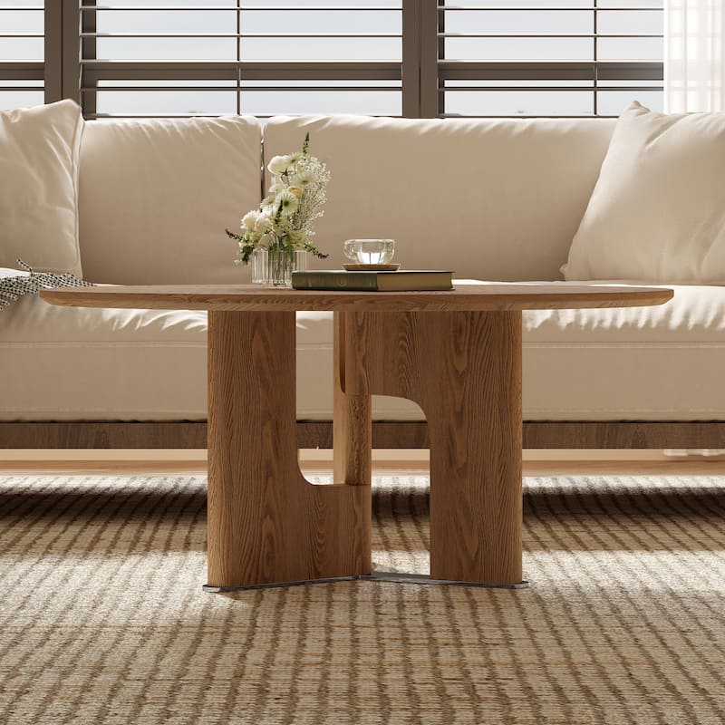 GDFStudio - Rustic 31.5" Free-Form Coffee Table with Ash Wood Veneer & Pedestal Base for Small Living Room