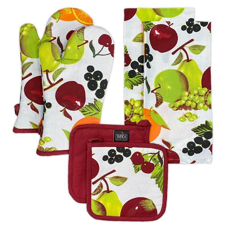 Fruit 100 Cotton 6pc Kitchen Towel, Pot Holder, Oven mitt Set - Multi-Color