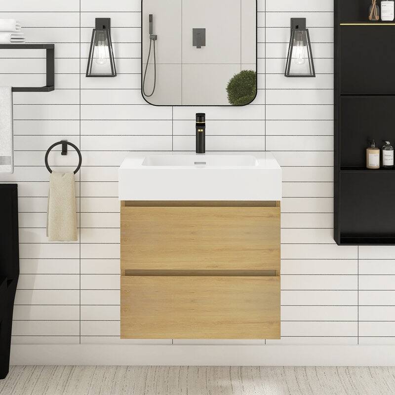 24/30/36 inch Wall-Mounted Bathroom Vanity Set in Oak with Integrated Resin Sink - 24" x 18"