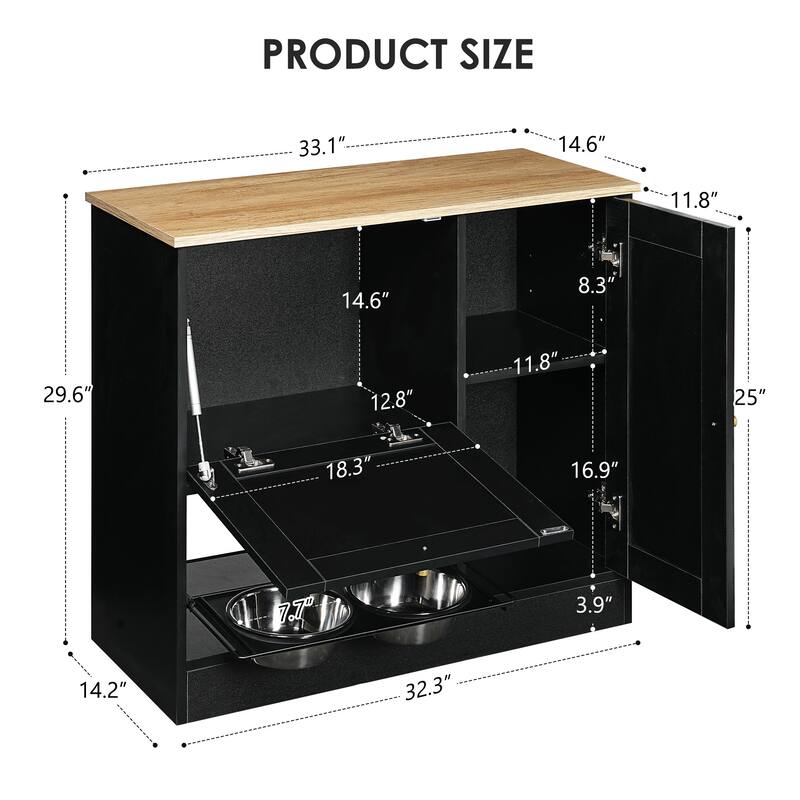 Pet Feeding Station with 2 Dog Bowls,Side Hooks,Anti-tip Kit,for Feeding & Watering, Black