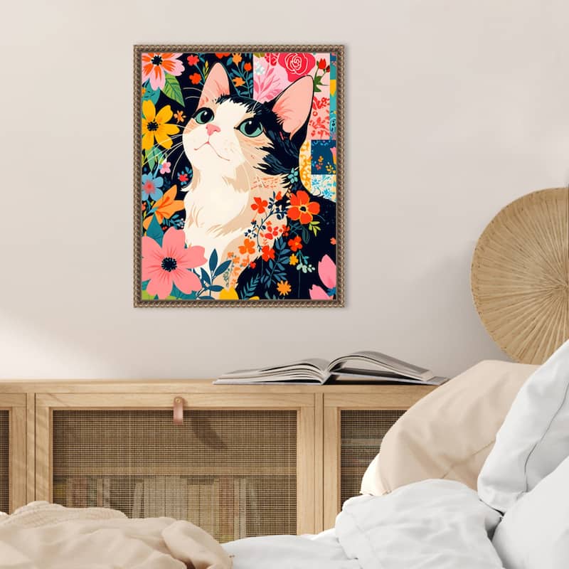 Floral Patchwork Cat by Kintsugi99 Framed Canvas Wall Art