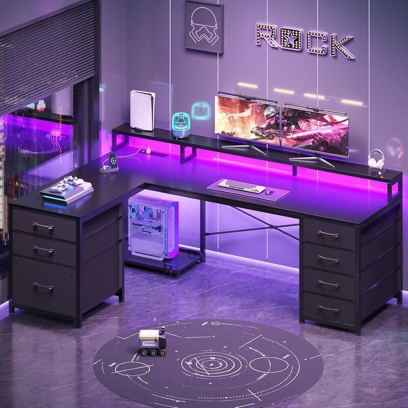L Shaped Gaming Desk 58" Small Computer Desk 7 Drawers Small Space