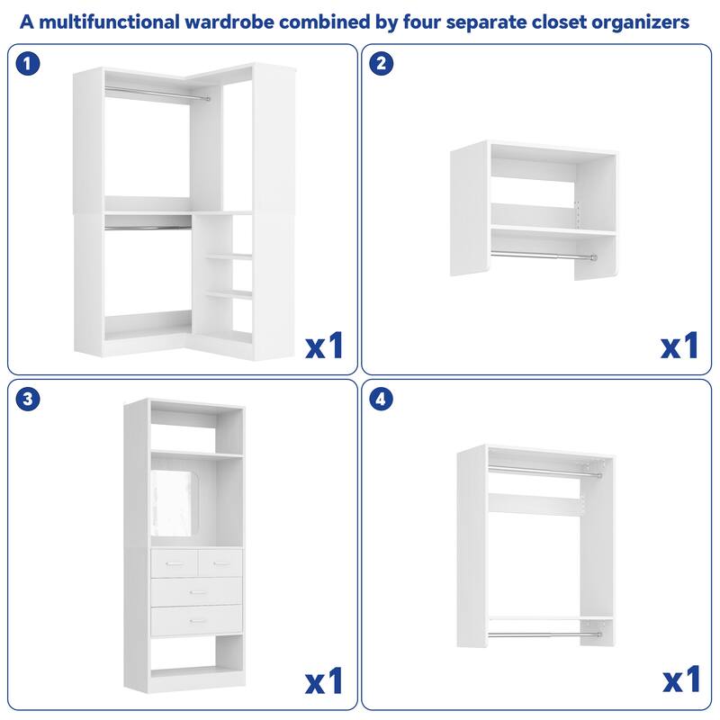 Set of 4/ 5 Modular Closet System with Drawers and Mirror, Corner Closet Organizer with Hanging Rods and Shelves