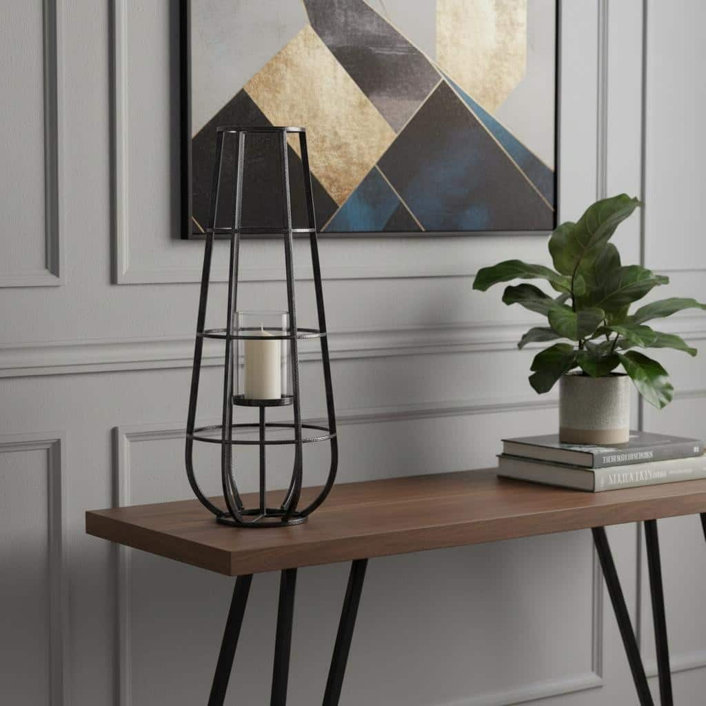 30" Black Distressed Geometric Metal And Glass Lantern Candle Holder