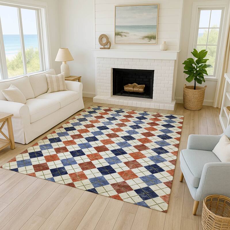 Machine Washable Indoor/ Outdoor Modern Argyle Chantille Rug