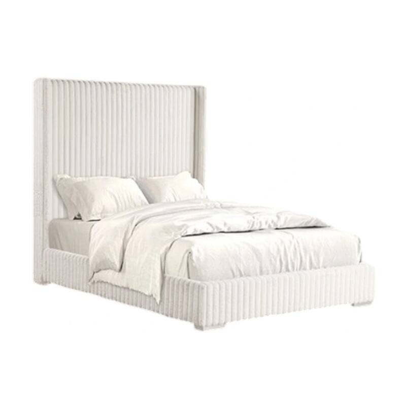 Wolo Twin Bed, White Fur Chenille Ribbed Upholstery, Wing Headboard