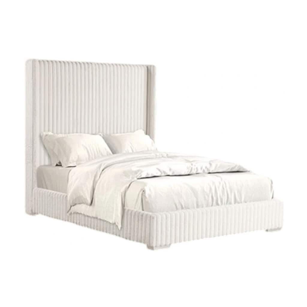 Wolo Twin Bed, White Fur Chenille Ribbed Upholstery, Wing Headboard