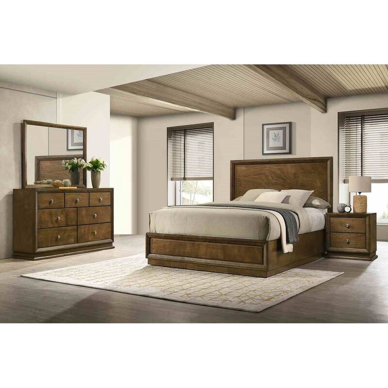 Transitional Walnut Finish 4 Piece Bedroom Furniture Set Bed Dresser Mirror Nightstand