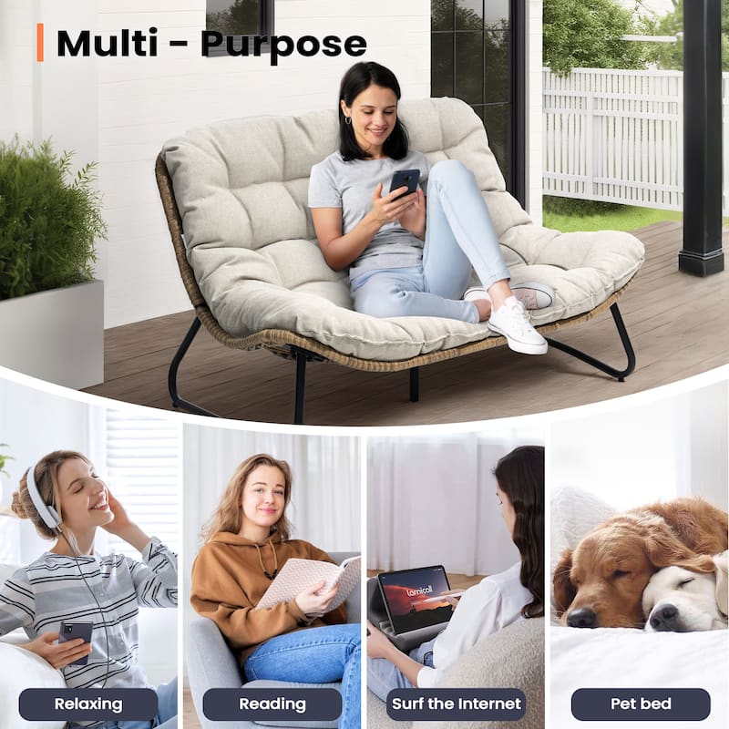 Double Papasan PE Rattan Chair Loveseat with Cushion For Indoor Outdoor