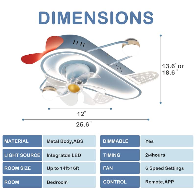 26In Cartoon Aircraft Flush Mount Ceiling Fan, 6-Speed Dimmable Light with Remote and APP Control for Kids Room