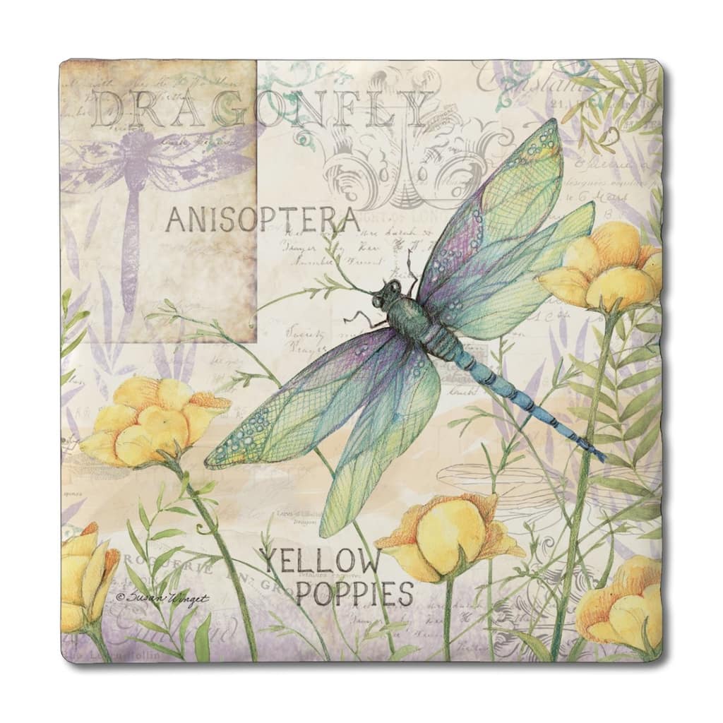 Dragonfly Poppies 4-Pack Absorbent Stone Coasters with Protective Cork Backing 4" Square Made in The USA Easily Wipes Clean