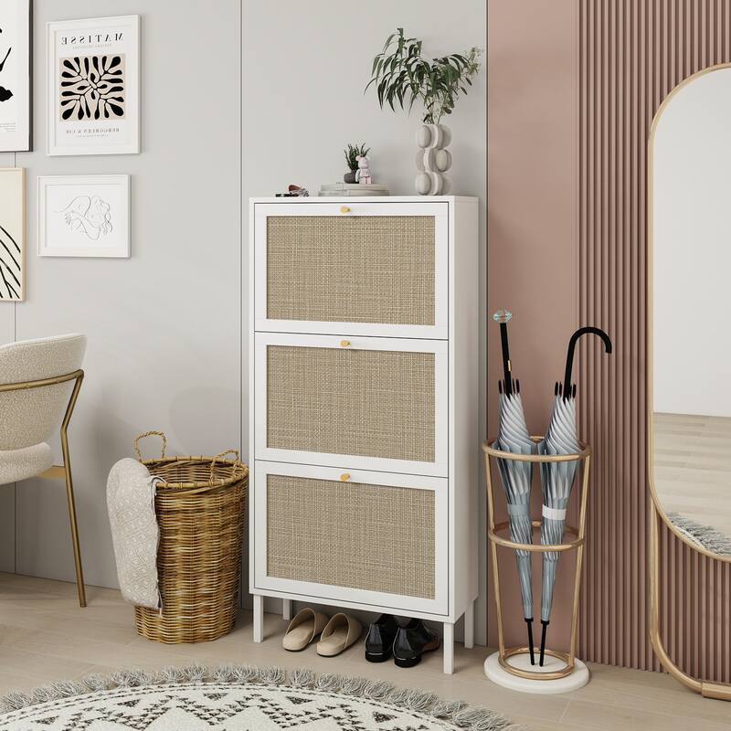 Freestanding Modern Shoe Rack Storage with 3 Natural Rattan Door