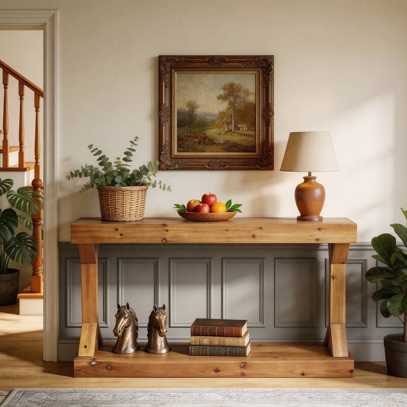 Solid Wood Console Table With Storage Shelf Farmhouse Wooden Entryway Sofa Table Behind Couch