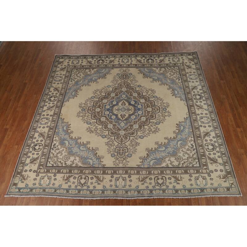 Medallion Tabriz Persian Square Area Rug Hand-Knotted Wool Carpet - 9'2"x 9'6"
