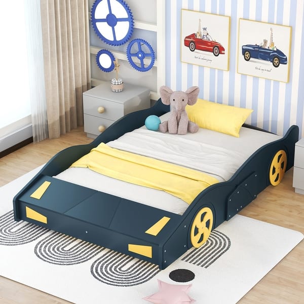slide 2 of 3, Full Size Race Car-Themed Platform Bed with Wheels and Storage Space Dark Blue