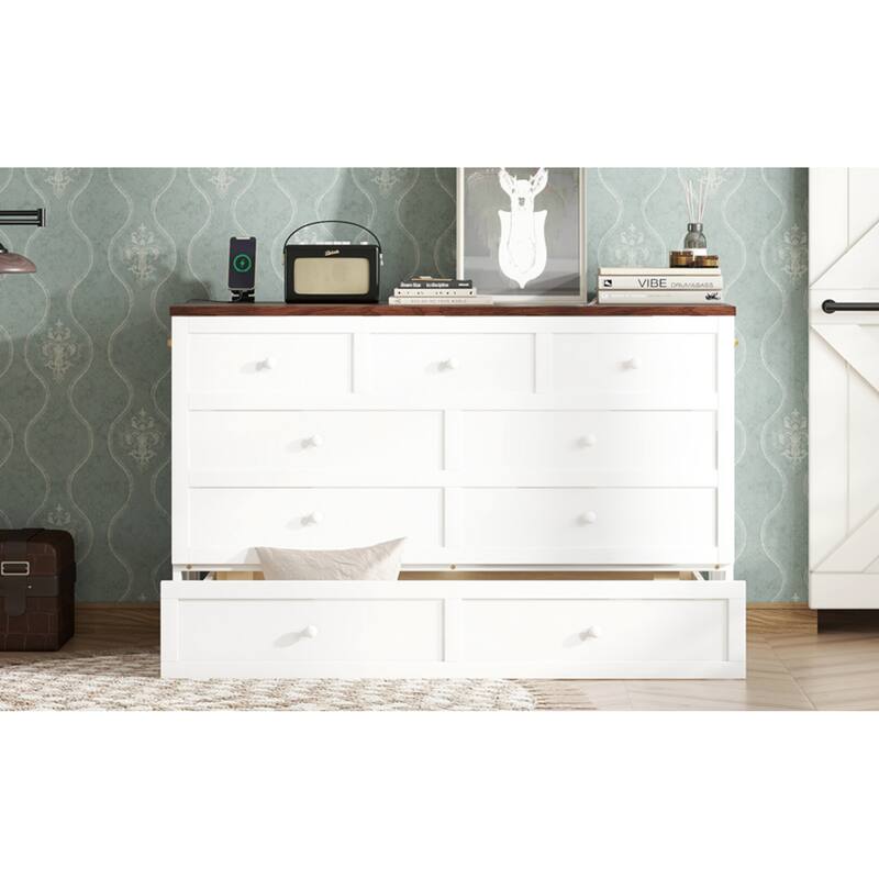 Roomfitters Queen Bed Cabinet with Storage Compartment & Charging Station, USB Ports, Solid Pine Space Saving Bed, White Walnut