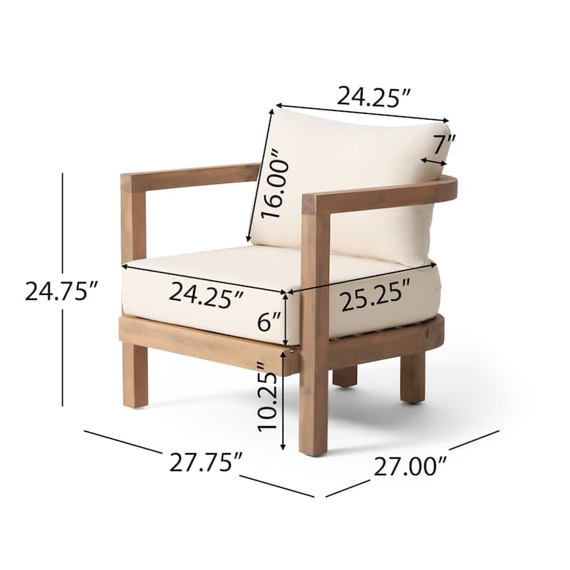 Roomfitters Outdoor Acacia Wood Patio Club Chair, Waterproof Cushions, Wash Finish with Beige Cushions