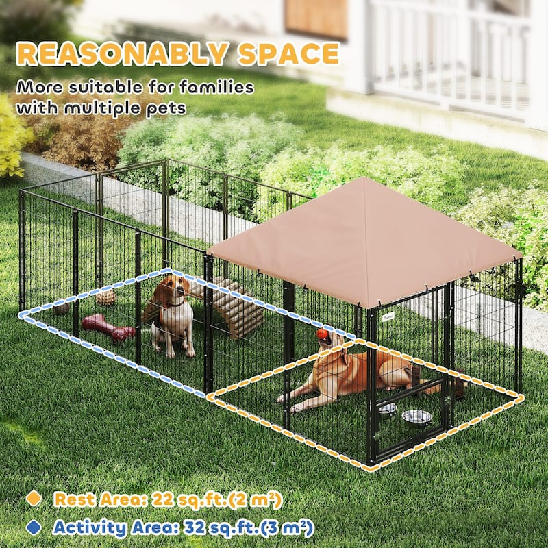 Coffee Steel Doghouse and Activity Pen with Adjustable Bowl Rack - 11.3' L x 4.7' W x 5.1' H