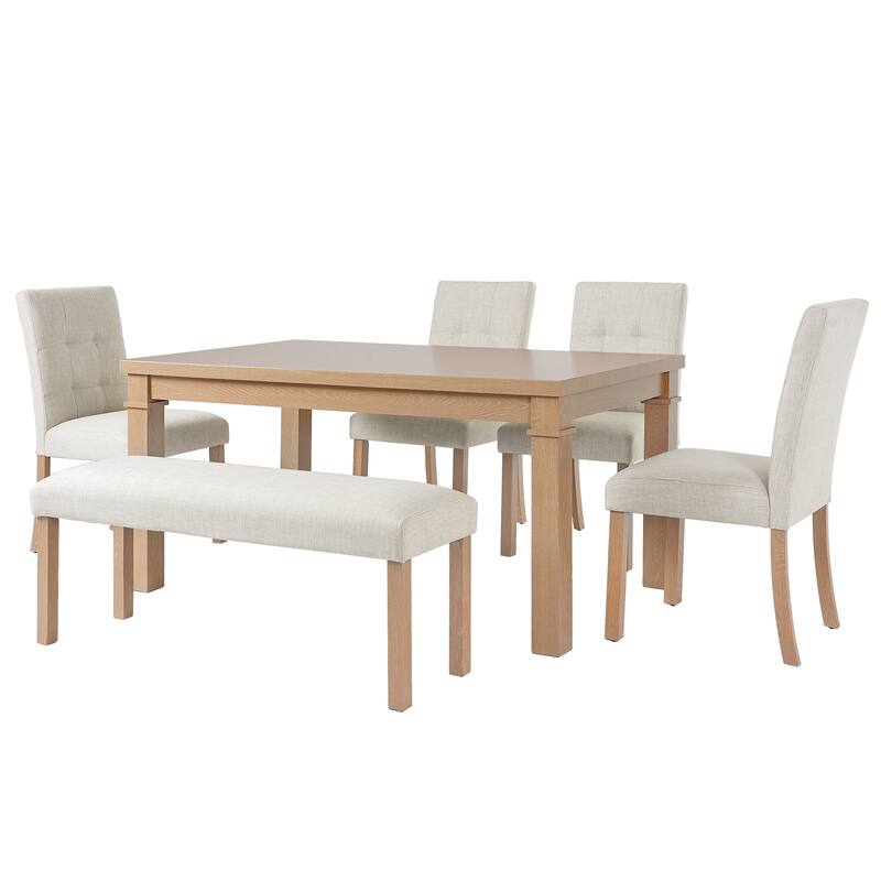 Modern 6-Piece Dining Set, Rectangle Table with 4 Upholstered Chairs and Bench for Dining Room Enjoyment