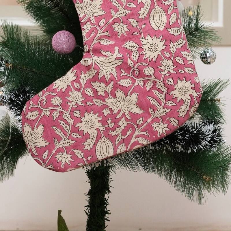 Fabdivine Handmade Floral Christmas Stockings Linen Block Print Décor - 10"X4.5" - Manikarnika- Pink - Christmas Stockings