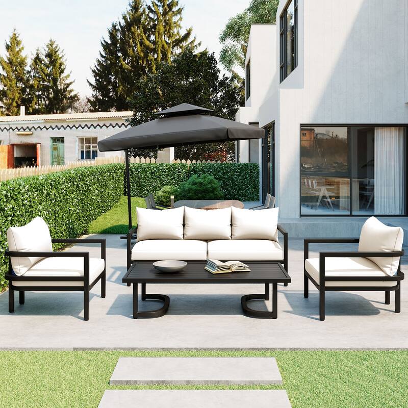 Patio Furniture Set, 5 Pcs Outdoor Steel Sofa Set, All-Weather Conversation Set with Coffee Table and 2 Single Chairs