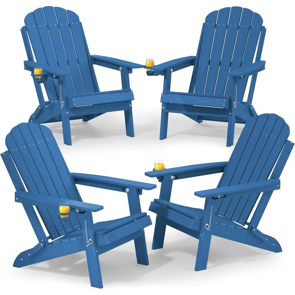 WINSOON Outdoor All-Weather HDPE Folding Adirondack Chair with Cup Holder & Adjustable Back Set of 4