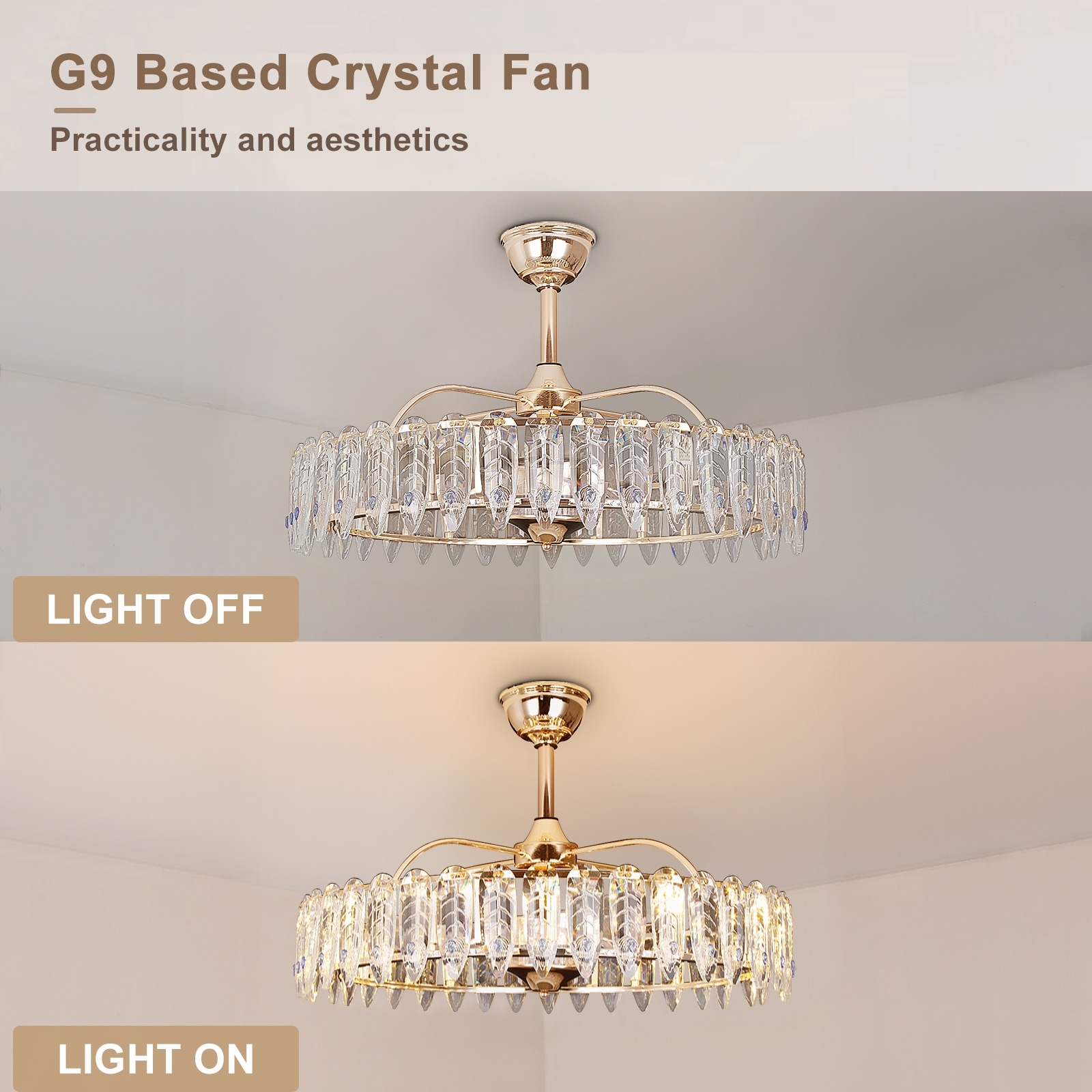 Gold Crystal Chandelier Ceiling Fan with Reversible Motor