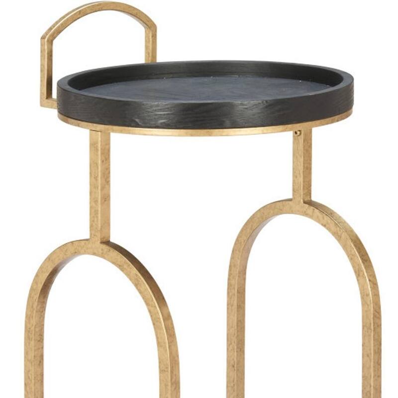 HomeRoots 17" Black And Brass Steel and Solid Wood Distressed Round Rolling Bar Cart - 17.00 in. x 34.80 in. x 16.00 in.